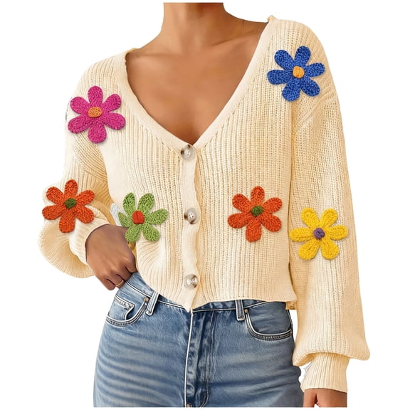 Womens Knit Cardigans Slouchy Cute Floral Button down Sweater Cardigan Long Sleeve Vintage Outerwear Beige, M