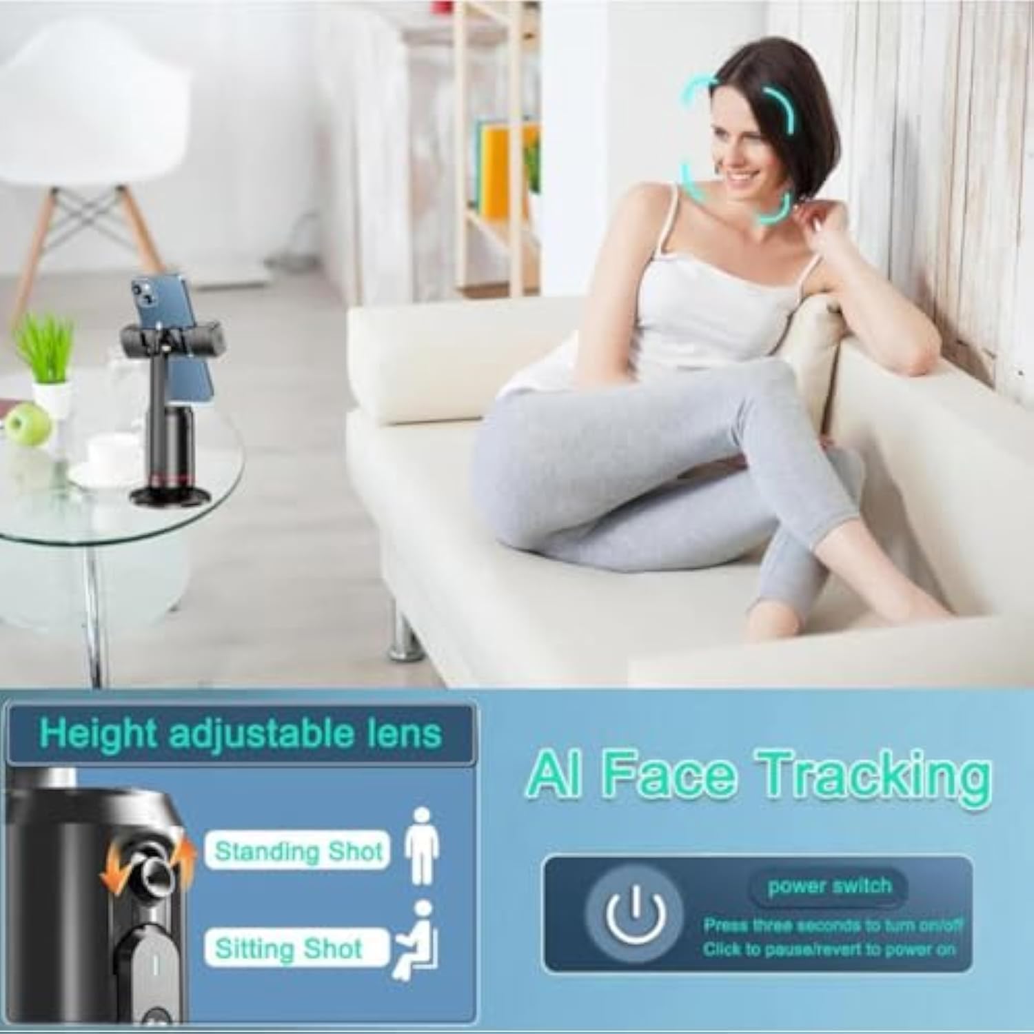 AimoStand – Built-in AI Camera Smart Auto-Tracking Phone Stand, Auto Face Tracking Phone Tripod, 360° Face & Body Tracking, Gesture Control, for Video Recording Streaming Vlog