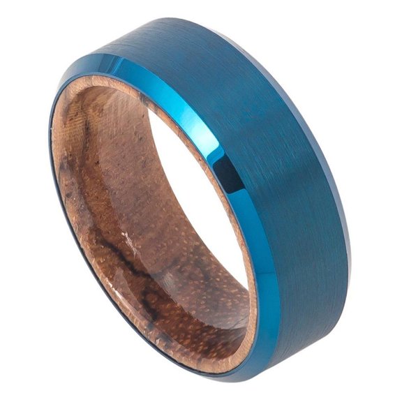 Custom Personalized Engraving Wedding Band Ring Set for Him & Her - 8mm Blue IP Plated Brushed Finish Beveled Edge with African Sapele Mahogany Wood Sleeve/Inner Ring