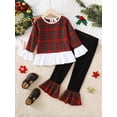 thumbnail image 3 of Mikrdoo Kid Toddler Girls Outfits Plaid Print Flare Long Sleeve Ruffled Trim Tops Elastic Bell-bottomed Pants 2Pcs Christmas Clothes Sports Set Size: 4-7T, 3 of 8