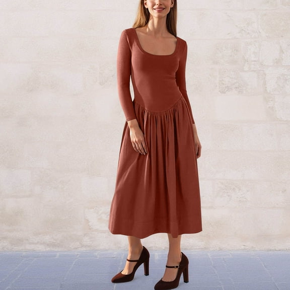 ClodeEU Women Long Sleeve Square Neck Maxi Dress,A Line Pleated Flowy Elegant Party Fall Dresses Brown,Womens Plus XL