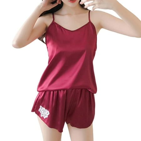 

Women Pajamas Set Satin Sleepwear Lingerie V Neck Shirt Shorts Nightwear Homewear Pajamas for