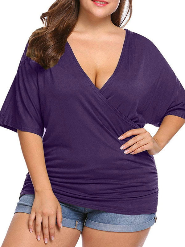 PLUS SIZE TOP LADIES RUCHED FRONT DEEP V NECK LIGHTWEIGHT JERSEY 