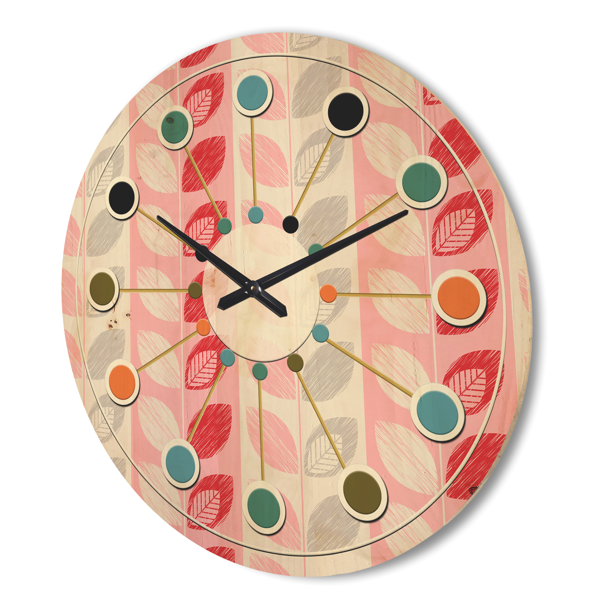 Designart 'Botanical Retro Pattern Design I' Mid-Century Modern Wood Wall Clock