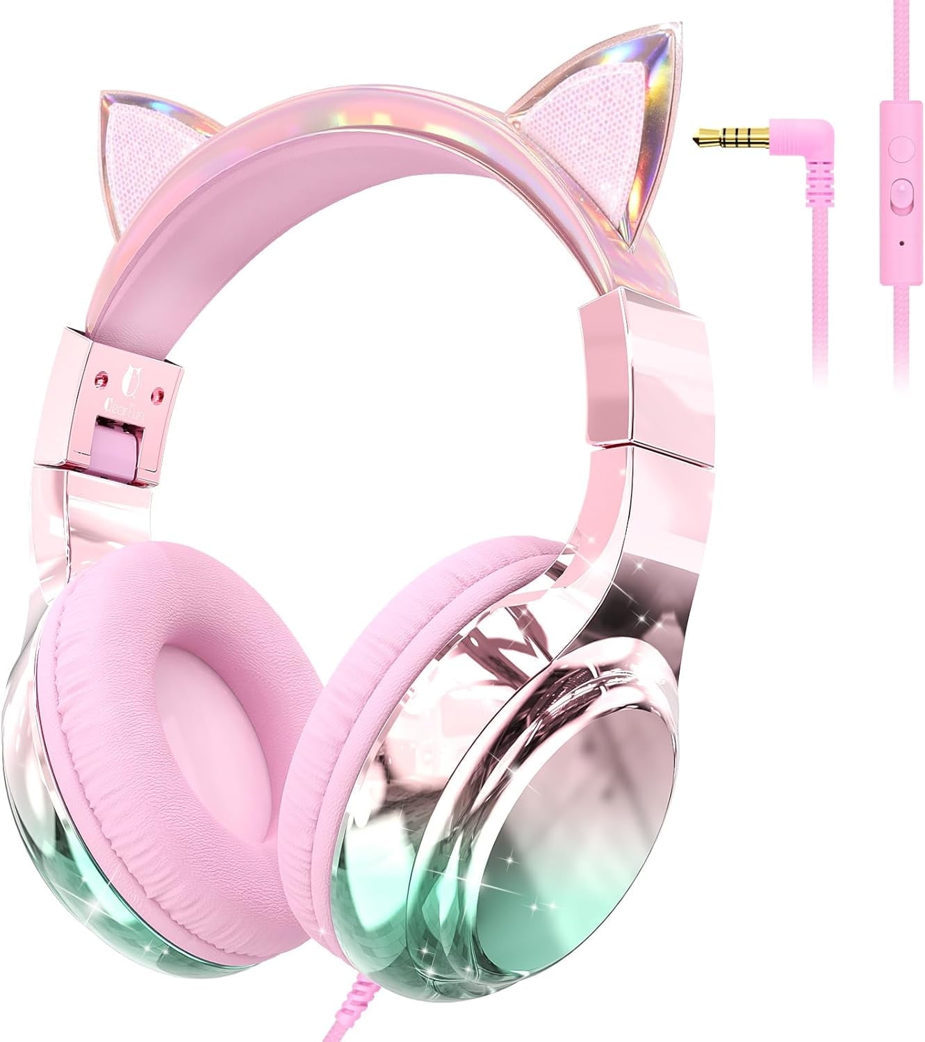 QearFun Kids Cat Ear Headphones with Cord for Girls with Mic, 85/94dB Safe Volume Limiter, Share Port, Foldable Sparkly Wired Headset for School, Travel, Tablet - Pink