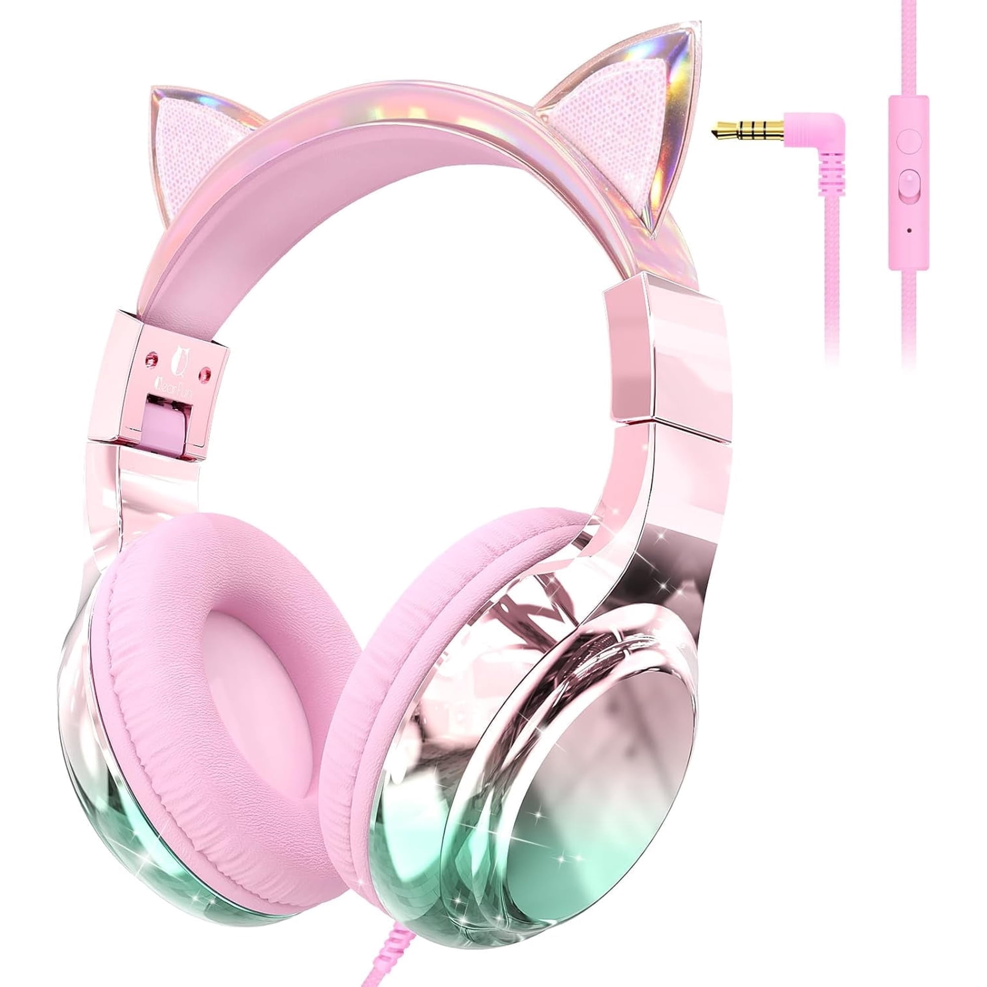 QearFun Kids Cat Ear Headphones with Cord for Girls with Mic, 85/94dB Safe Volume Limiter, Share Port, Foldable Sparkly Wired Headset for School, Travel, Tablet - Pink