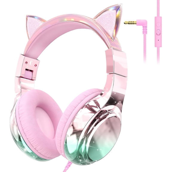 QearFun Kids Cat Ear Headphones with Cord for Girls with Mic, 85/94dB Safe Volume Limiter, Share Port, Foldable Sparkly Wired Headset for School, Travel, Tablet - Pink