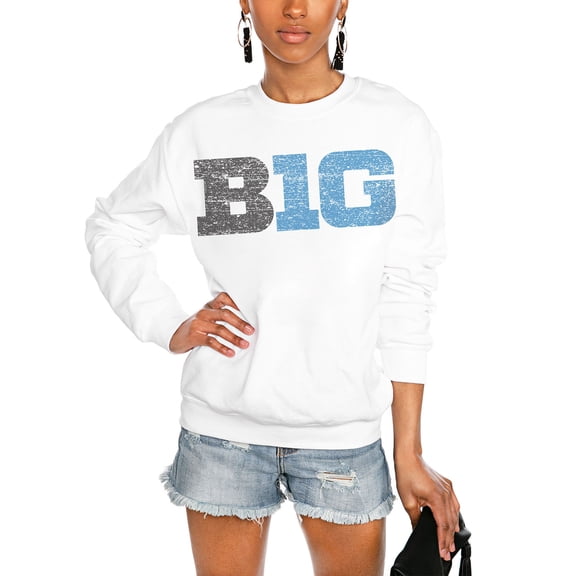 Women's Gameday Couture White Big Ten Gear Distressed Snap Perfect Oversized Pullover Sweatshirt