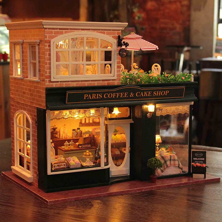 Wooden Dollhouse Miniatures DIY House Kit with Led Light and Dust