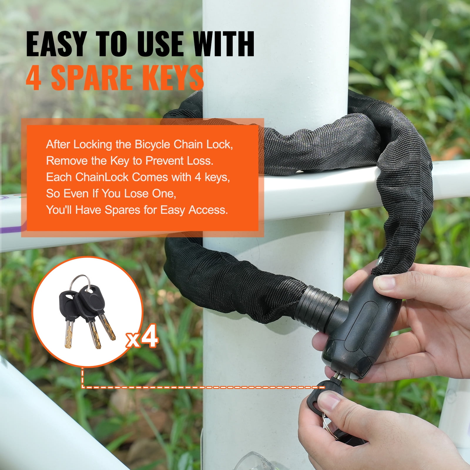 KFFKFF Chain Lock for Bikes, 3.94 Ft with 4-Key Combo, Robust Anti-Theft Security for Bicycles, Motorcycles, Scooters, and Gates, 8mm Thick