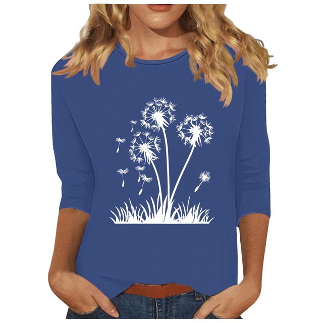 Plebaso Hauts pour Femmes Manches 3/4 Chemises Imprimées Décontractées Tuniques Col Rond Blouses pour Femmes