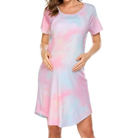 

Xmarks Womens Nursing Sleepshirt Soft Maternity Sleepwear Tie-dyed Nightshirt Comfy Sleep Dress Short Sleeve Nightdress Pink S-2XL