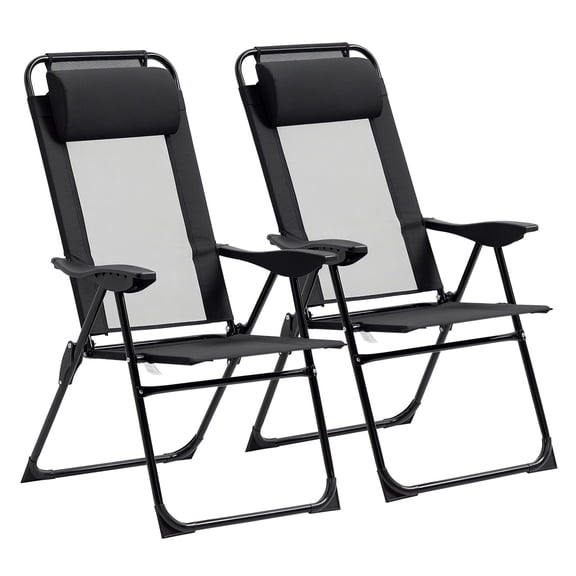 Set of 2 Folding Camping Chairs with 5-Position Reclining Backrest, Breathable Mesh and Oxford Fabric Outdoor Lounge Chairs, Steel Frame for Beach, Patio and Garden, Black, 24.5x27.5x43 in