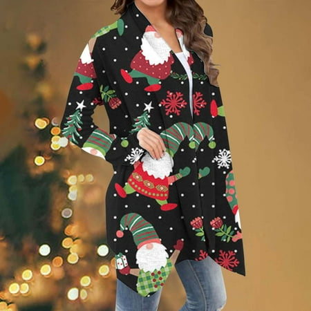 

jsaierl Women Chirstmas Cardigan Open Front Long Sleeve Shirts Gnomes Print Tops Lightweight Comfy Soft Blouse Christmas Gift for Women