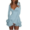 thumbnail image 2 of Women'S Long Sleeve Wedding Guest Dresses Sexy Deep V Neck Flare Ruffle Bodycon Dress Blue M, 2 of 7