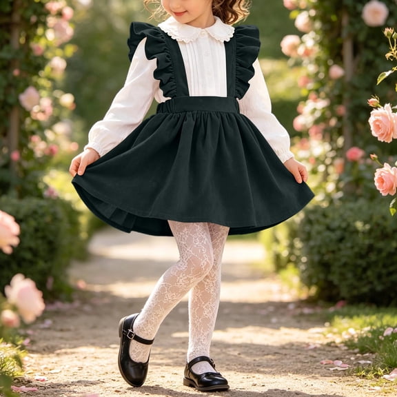 Girls Corduroy Overall Dress Ruffle Strap Elastic Cinched Mini Dress Toddler Cute Solid Color Dress for Daily Wear Green 2-3 Years