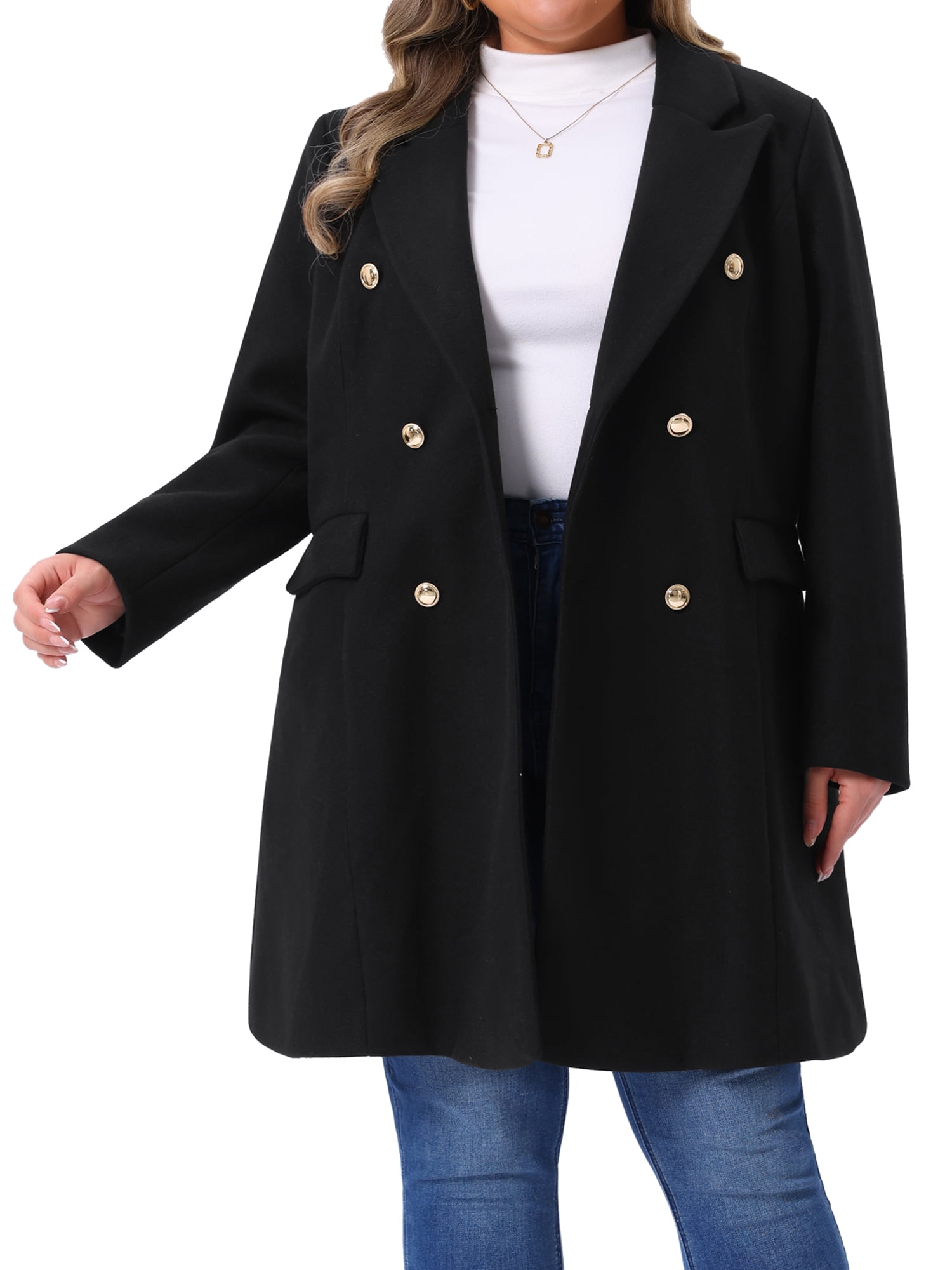 DARING DIVA Women's Plus Size Winter Pea Coat Double Breasted Notch Lapel 1X Black