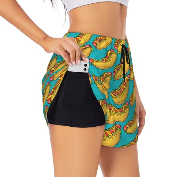 Saiise Hot Dogs 8 Print 2 in 1 High Waisted Running Shorts for Women - Split Breathable Athletic Tennis Gym Workout Shorts with Pockets-XX-Large