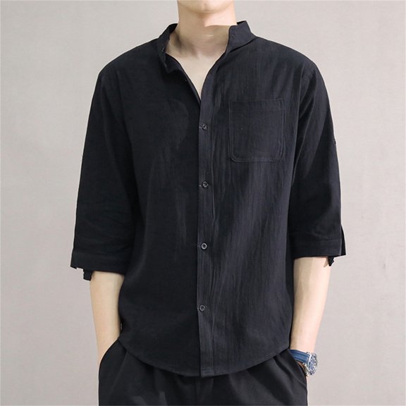 BSDJILFG Big and Tall Linen Shirts for Men,Mens Casual 3/4 Short Sleeve Comfy Button Down Shirts Blouse on ,Sizes M-5XL