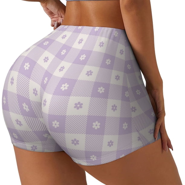 Balery Floral Purple Buffalo Plaid Pantalones cortos de entrenamiento estampados para mujer, sin costuras, ajustados, para gimnasio, yoga, correr, deportes, ejercicio activo, fitness.-Small