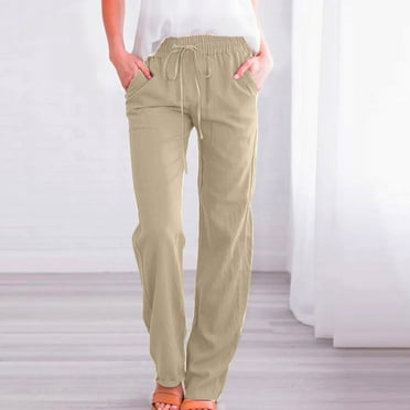 FAVIPT Women Linen Pants Straight Leg Summer Casual Drawstring Elastic High Waist Loose Comfy Trousers with Pockets 2025