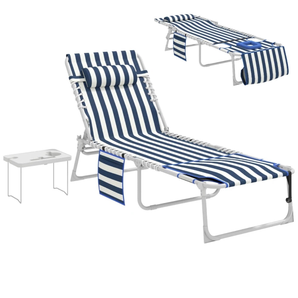 2-Piece Outdoor Pool Lounge Chair with Side Table & Side Pocket 5-Position Adjustable Backrest Face & Arm Holes Folding Beach Lounger with Carry Strap 600D Oxford Fabric for Patio Beach Poolside
