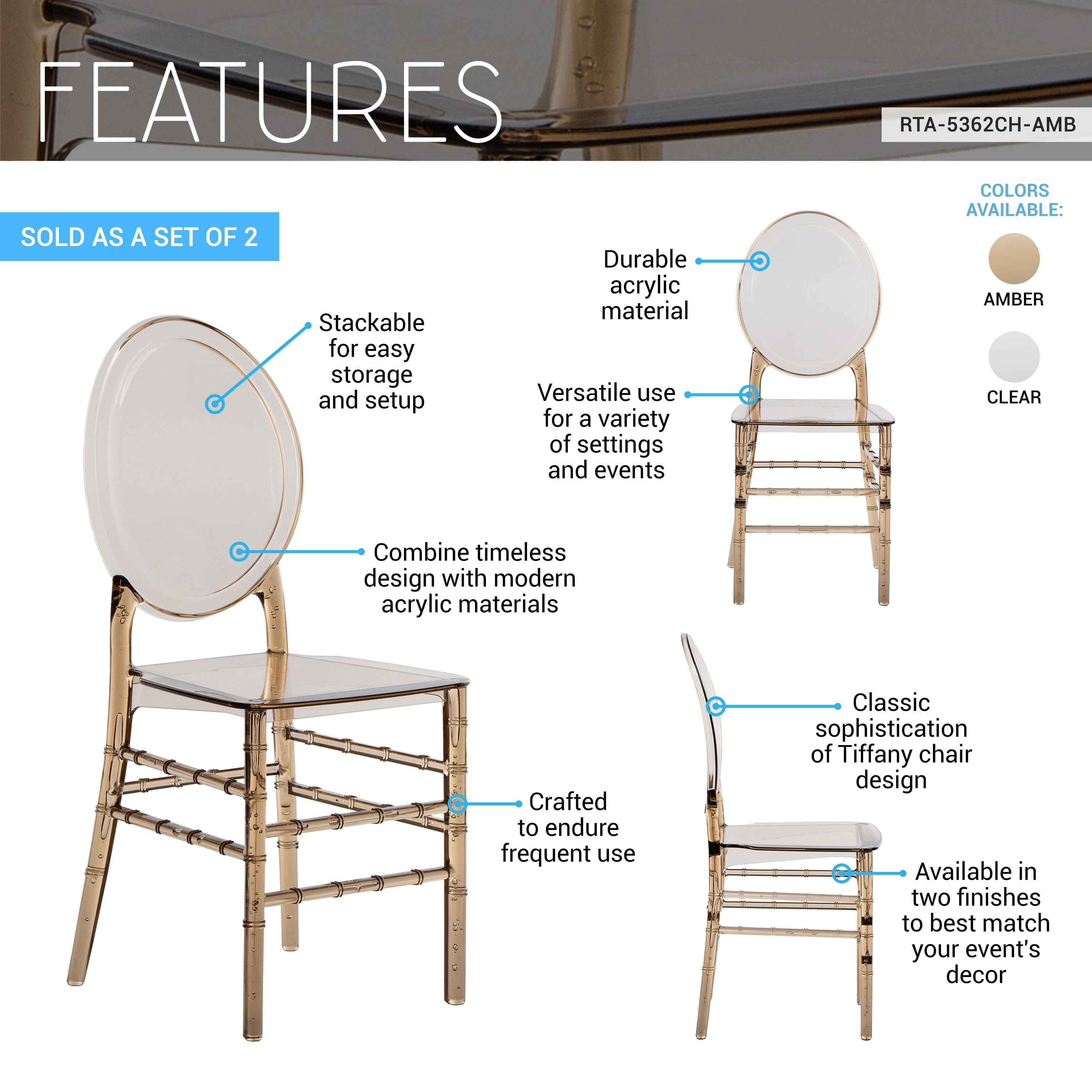 Techni Home Chiavari Style Ghost Chair, Set of 2 Stackable Acrylic Chairs for Weddings, Parties, Events, Extra Dining Seating, Modern Versatile for Indoor/Outdoor Use, Amber