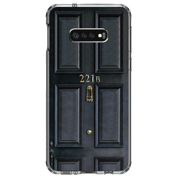 DistinctInk Clear Shockproof Hybrid Case for Samsung Galaxy S10e (5.8" Screen) - TPU Bumper, Acrylic Back, Tempered Glass Screen Protector - 221b Baker Street