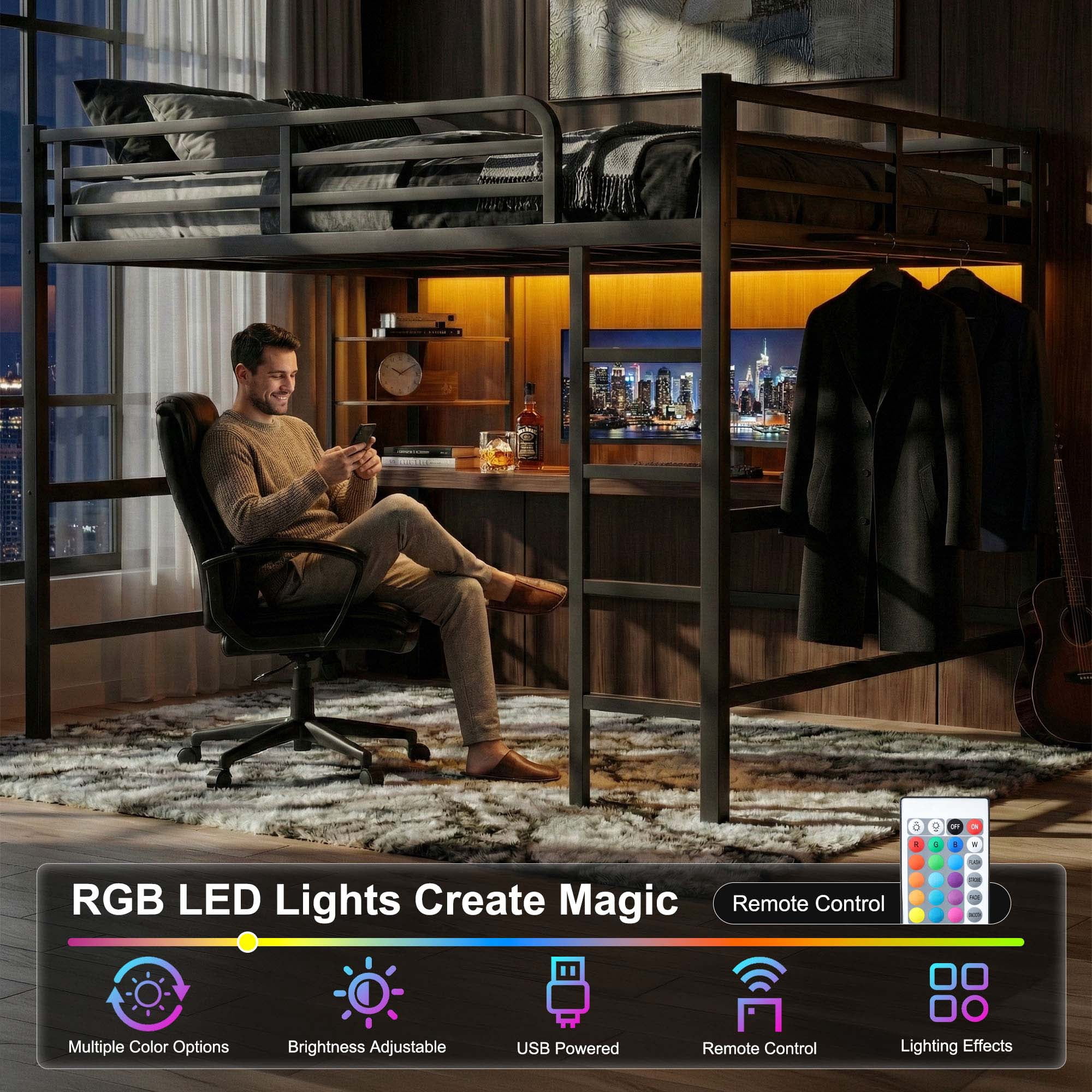 Queen Size Loft Bed Frame with Desk, Shelves, LED Lights & Charging Station, Metal Loft Bed for Adults, Black