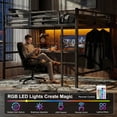thumbnail image 2 of Queen Size Loft Bed Frame with Desk, USB Ports & LED Lights, Metal & Wood, Space-Saving Design, Easy Assembly, Black, 2 of 9