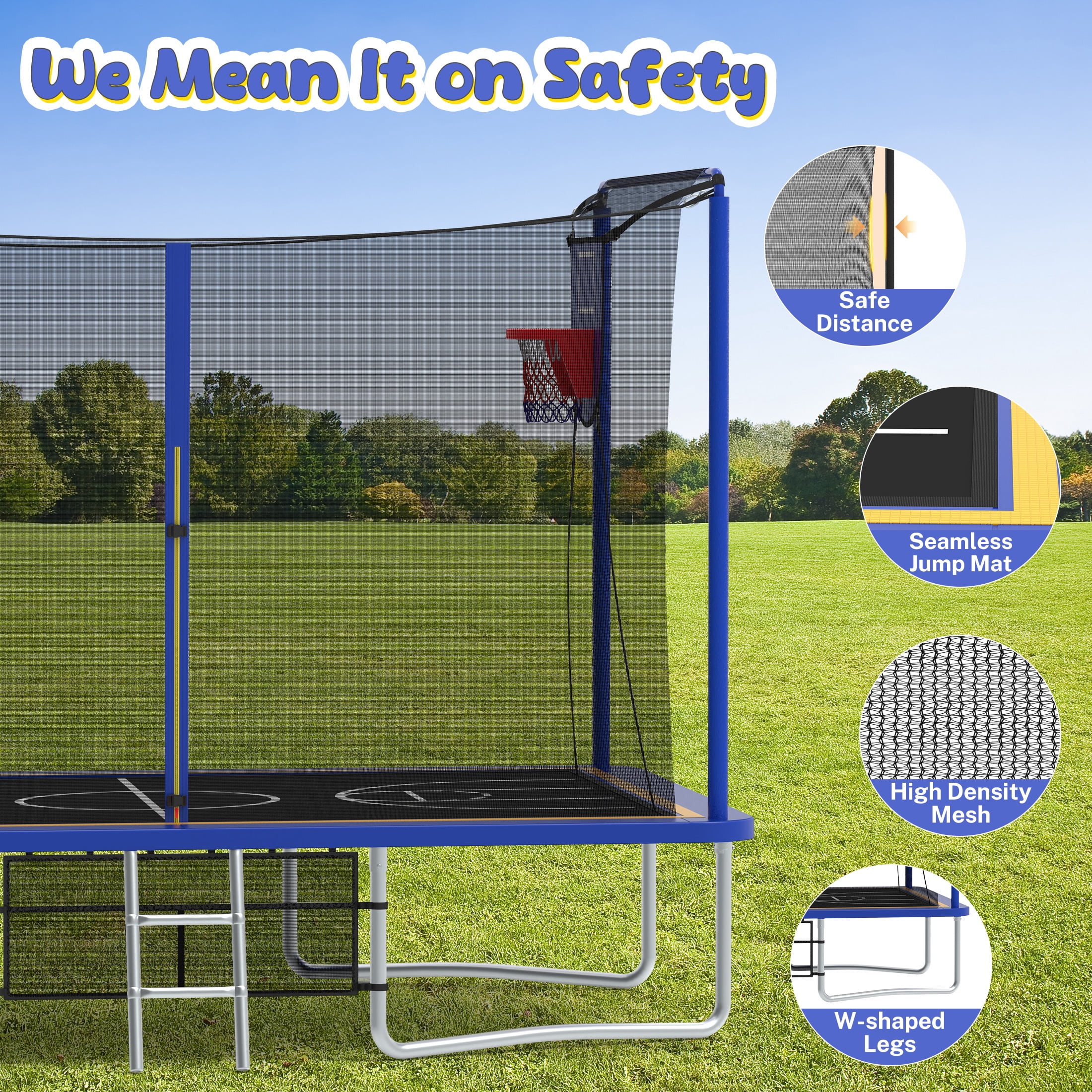 8 ×12FT Large Trampoline for Kids and Adults, SHINPT Outdoor trampoline with 2 Basketball Hoops, Big Trampoline with 360° Safety Net, Kids Trampoline Outdoor with Football Net with 1600LBS Capacity
