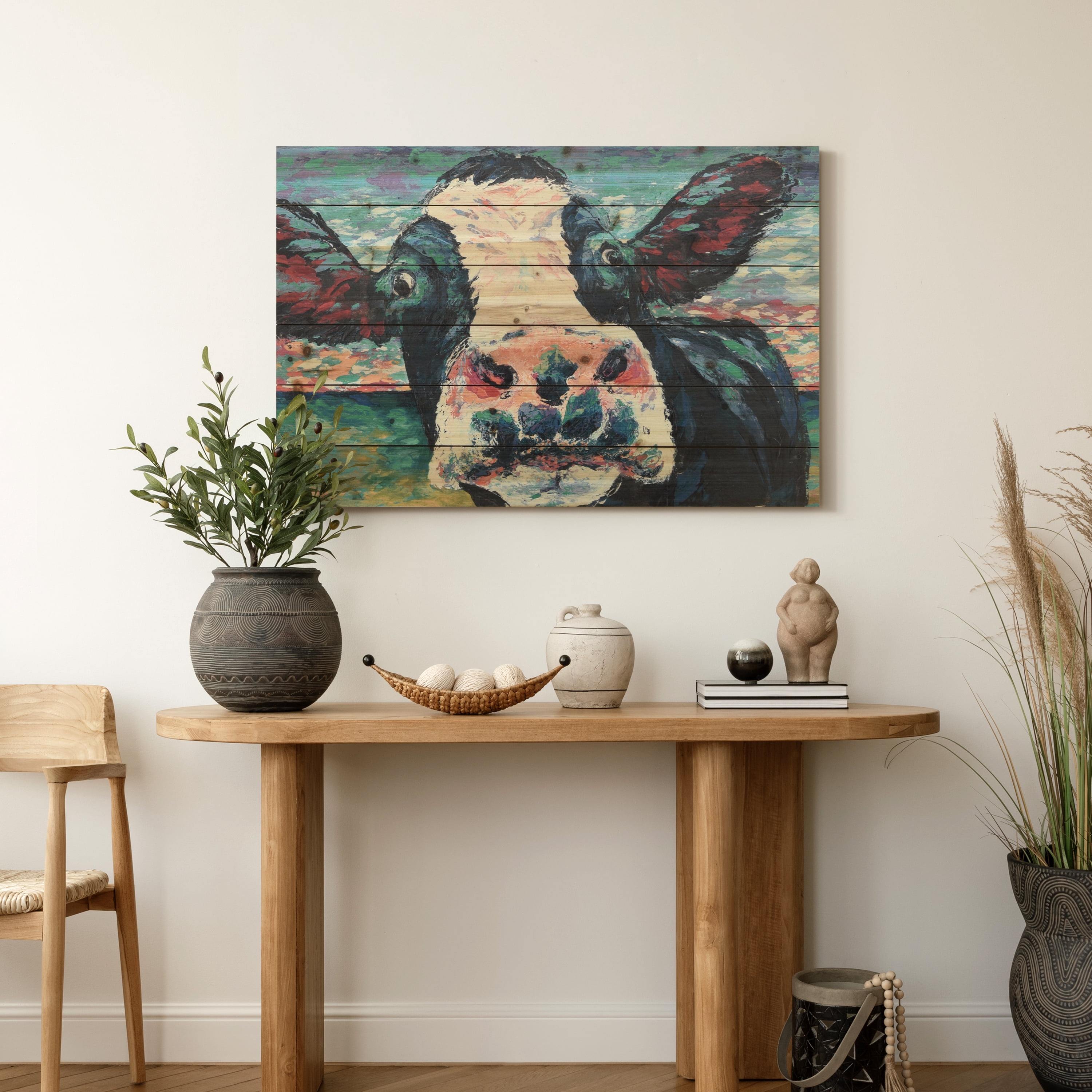 Empire Art Direct "Curious Cow"Arte de Legno Digital Print on Solid Wood Wall Art Blue 24 x 36