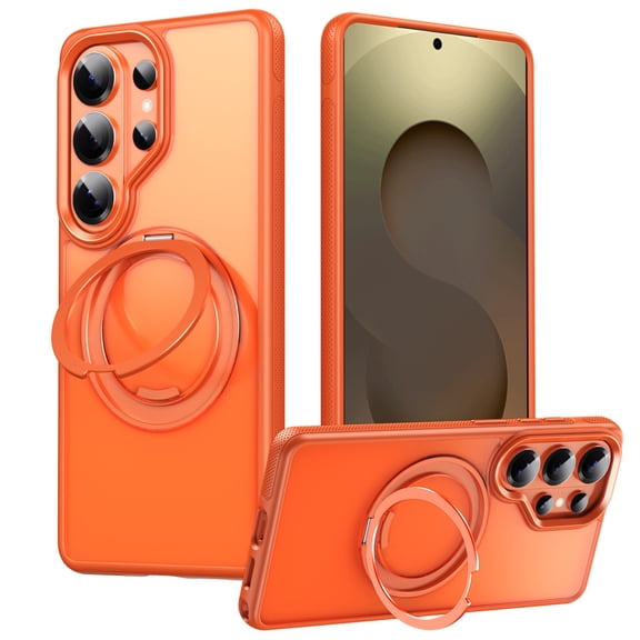 ELEHOLD Magnetic Case For Samsung Galaxy S26 Ultra , Shockproof Soft 360° Rotatable Magnetic Ring Kickstand Compatible with Mag-Safe Military Silicone Bumper Slim Cover,Orange