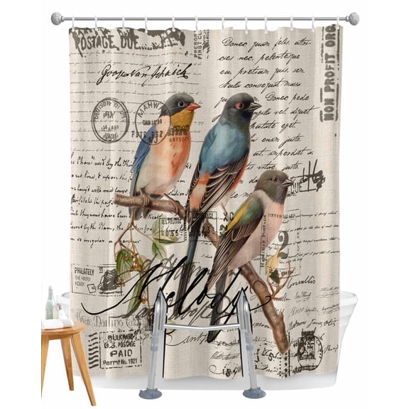 Split Shower Curtain for Transfer Bench, Country Birds Fabric Shower Curtains for Bathroom, Envelope Postmark Vintage Farmhouse Botancial Tub Sliding Transfer Bench Waterproof Bath Curtains 72"x72"