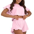 thumbnail image 2 of Uootdi Women's Two Piece Outfits Crew Neck Short Sleeve Ruffle Ribbed Shorts Sets Cozy Lightweight Loose Loungewear Sets Gift, 2 of 5