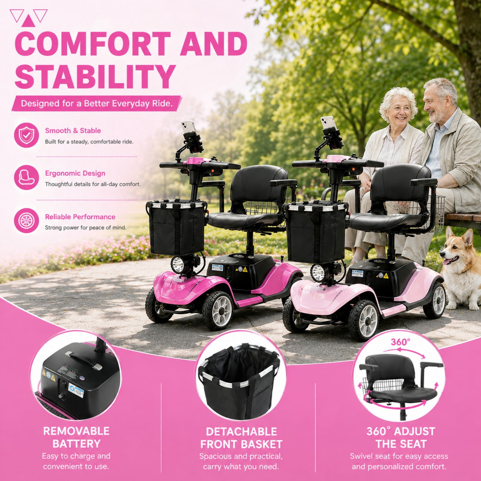 4 Wheel Mobility Scooter for Seniors&Adults,15 Miles Foldable Electric Mobility Scooter,350W Powered Electric Wheelchair Device for Adults 300 lbs,LED Lights,Basket,Compact Mobile for Travel
