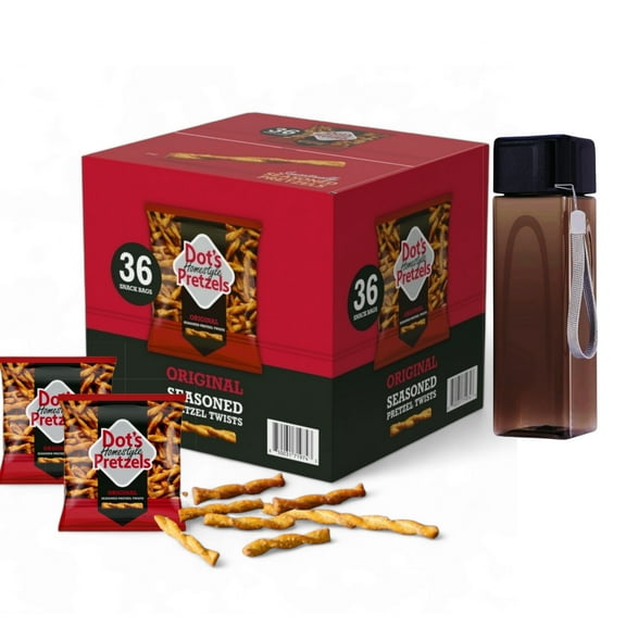 Dot’s Original Seasoned Pretzel Twists Snack Bags with Reusable Water Bottle – 36 Count, Custom Bundled by MOOCHI