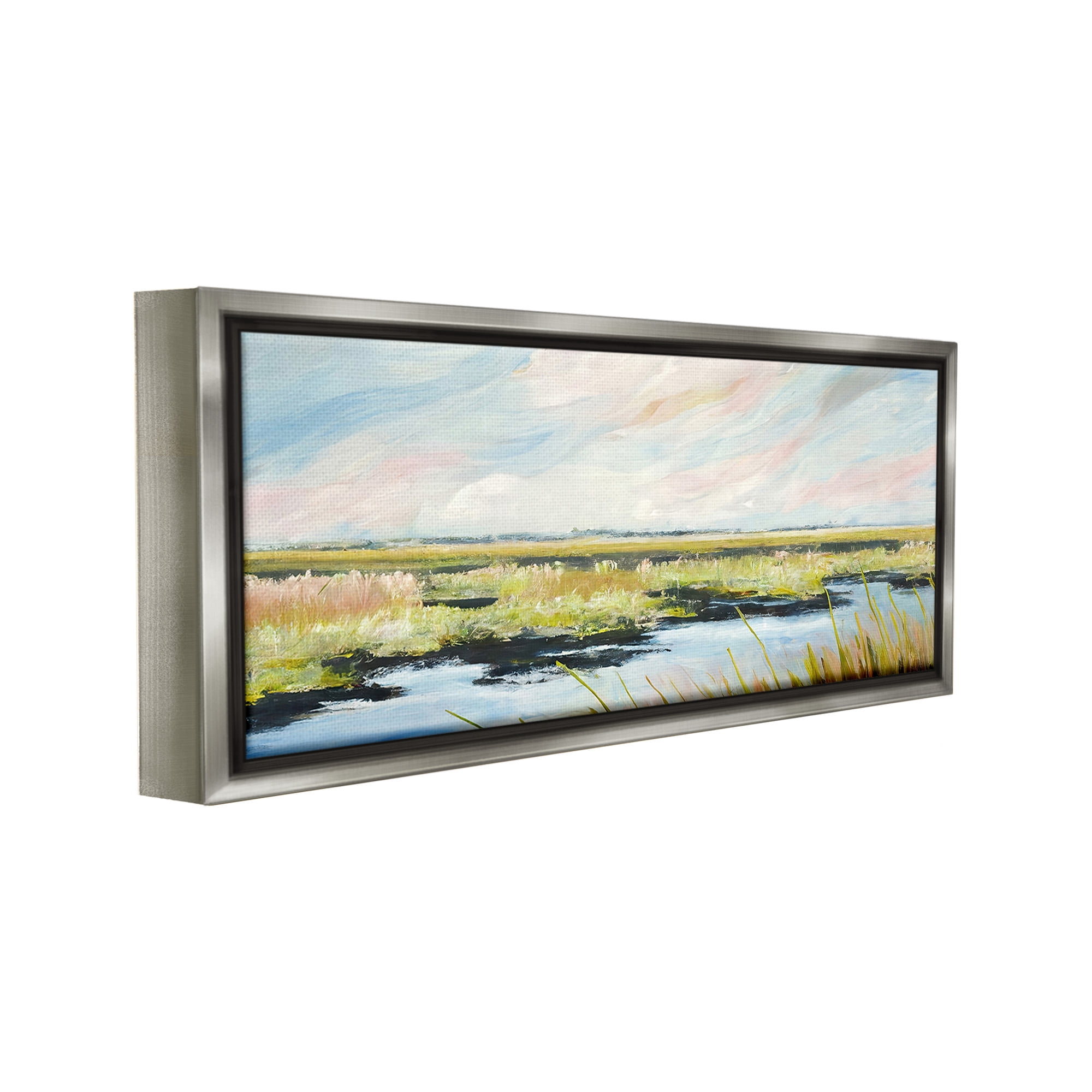 Stupell Industries River with Pastel Sky Landscape Painting Gray Floater Framed Canvas Art Print Wall Art, 25 x 11