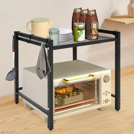 Adjustable Microwave Stand Black Oven Shelf Kitchen Countertop Organizer W/Hooks for Kitchen, Study