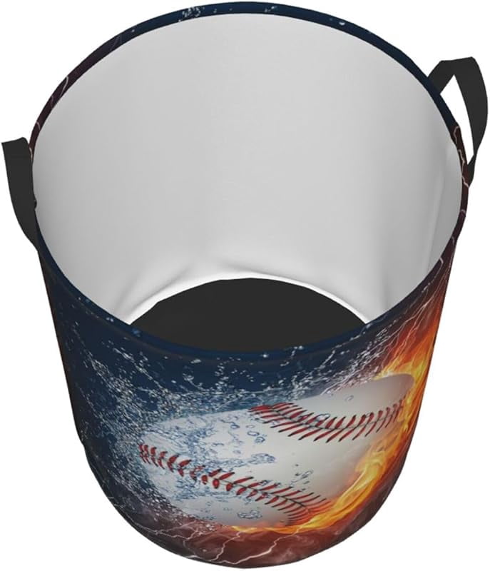 Sport Baseball Ball In Fire And Water Round Laundry Hamper Storage Basket Toys Clothes Organizer Bin For Home Bathroom Bedroom Dorm Nursery