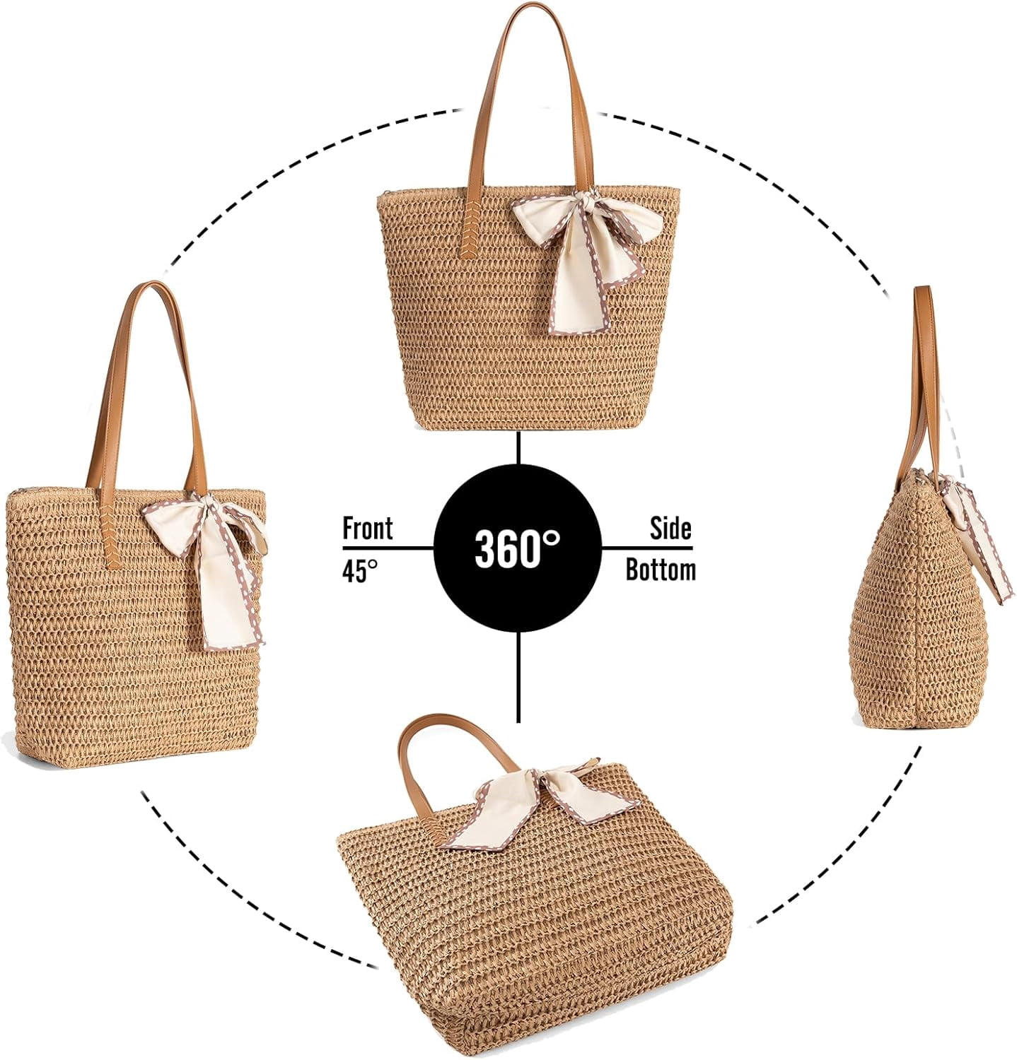 Large Straw Beach Bag: Women's Handwoven Tote with Zipper Pocket - 2025 Lightweight Summer Purse for Travel & Work