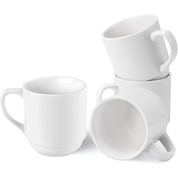 4 Pack 9 Oz Stackable Coffee Mugs, White Ceramic Coffee Mugs with Handle, Porcelain Mug Cups for Latte, Tea, Cappuccino, Cocoa, Espresso, Milk, Dishwasher & Microwave Safe