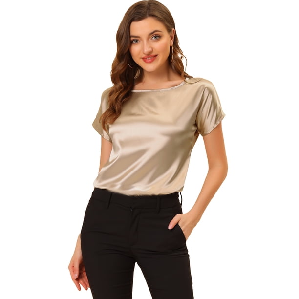 INSPIRE CHIC Blusa Elegante De Satén Para Mujer, Manga Corta, Cuello Barco, Estilo Vintage Beige XS