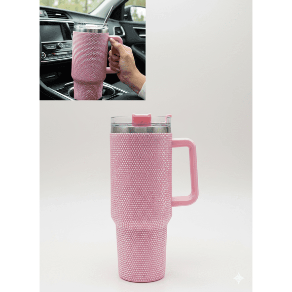 Thirstee 40 oz Rhinestone Tumbler with Handle and Straw Lid, Light Pink Bling Insulated Travel Mug