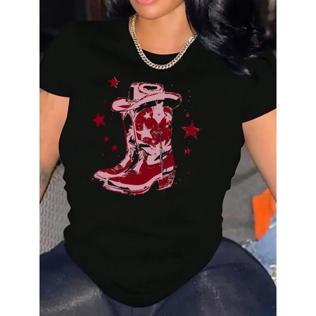 Women's Casual Pink Boot Graphic Tee - Trendy Round Neck Short Sleeve, Comfortable Summer Top, Stretch Polyester Fabric, Casual Summer Top|Graphic Print Tee|Comfortable Fit