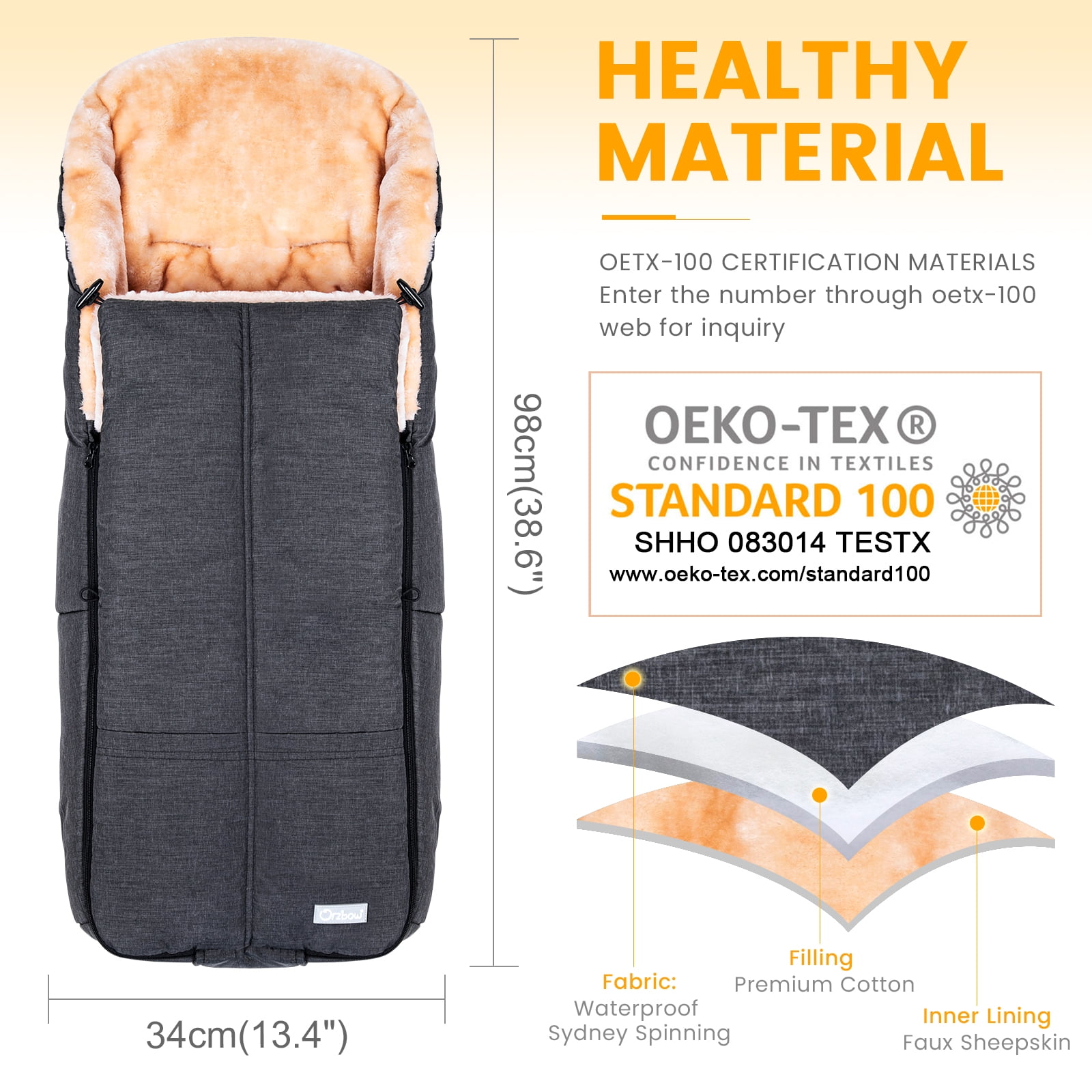 Orzbow Wool Warm Bunting Bag Universal,Suitable below 5 ℃,For Alaska,Stroller Sleeping Bag Cold Weather,Waterproof Toddler Footmuff,Dark Grey
