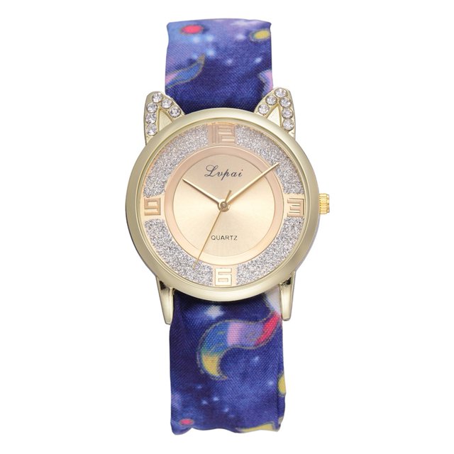 LVPAI Simple Moda Casual Impresión Tela Vendaje Gato Rhinestones Mujer Reloj De Cuarzo Azul