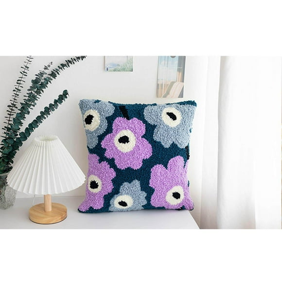 Throw Pillow Cover Kit Printed Rug Punch Stitches Kits Throw Pillow Needle Set Blue Purple Flower