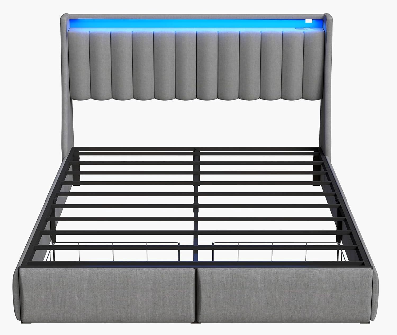DRNANLIT Queen Bed Frame with 2 Storage Drawers, Platform Bed Frame Queen Size with LED Light, Upholstered Headboard, Charging Station, Steel Slat Support, No Box Spring Needed,Gray