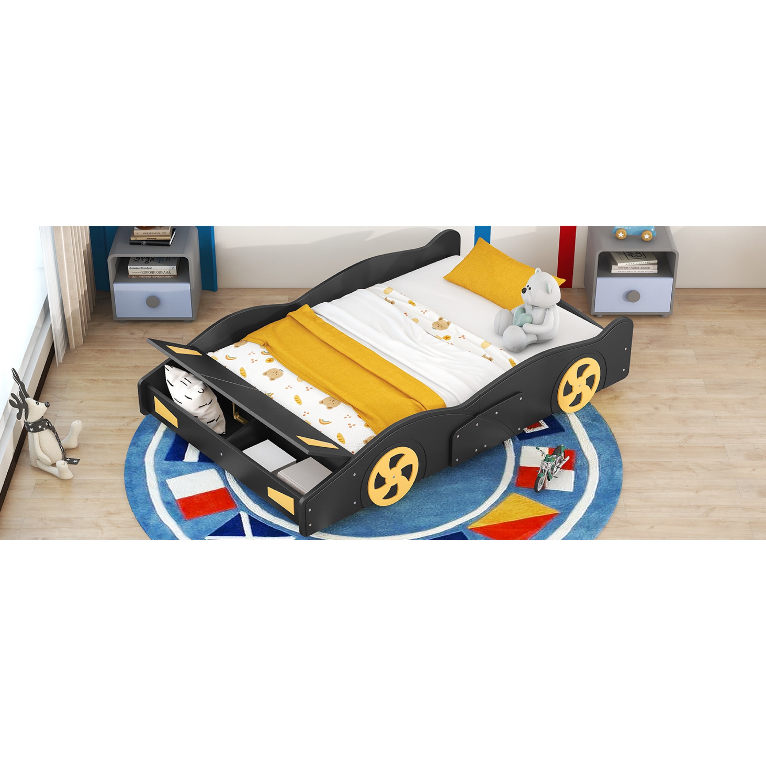 Full Size Race Car-Shaped Platform Bed with Wheels and Storage, Black&Yellow 60AAB